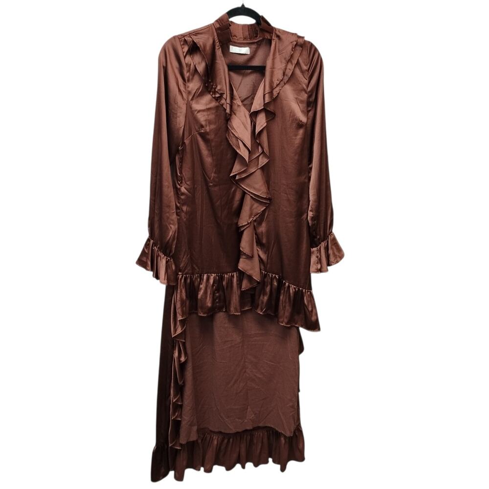 Vita Grace Womens Satin Ruffle High Low Maxi Dress Medium Brown Forest Fairy